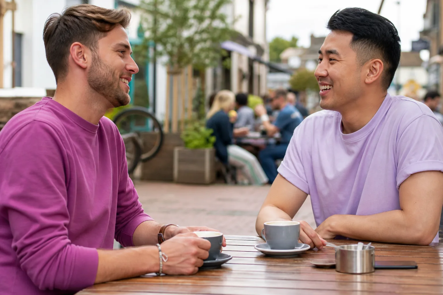 Two men chatting over coffee in Dunstable