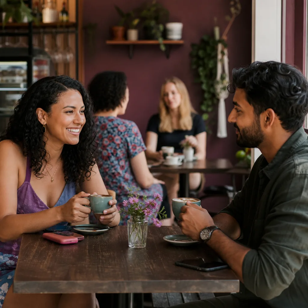 Two adults meeting in a public café near Bedford