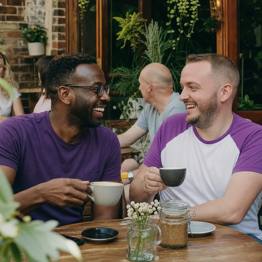 Two men having coffee at a café in Bedford town centre