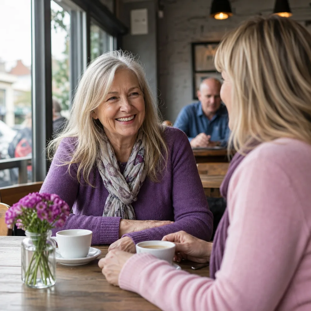 Two adults meeting safely for coffee in a busy public café
