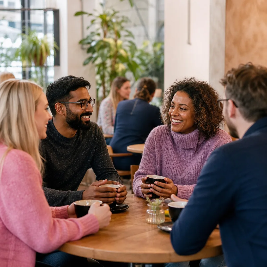 Adults having coffee at a busy café in Bedfordshire