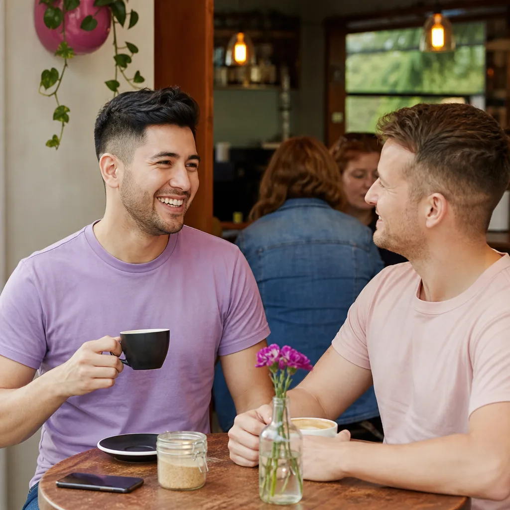Two men meeting in a busy public café